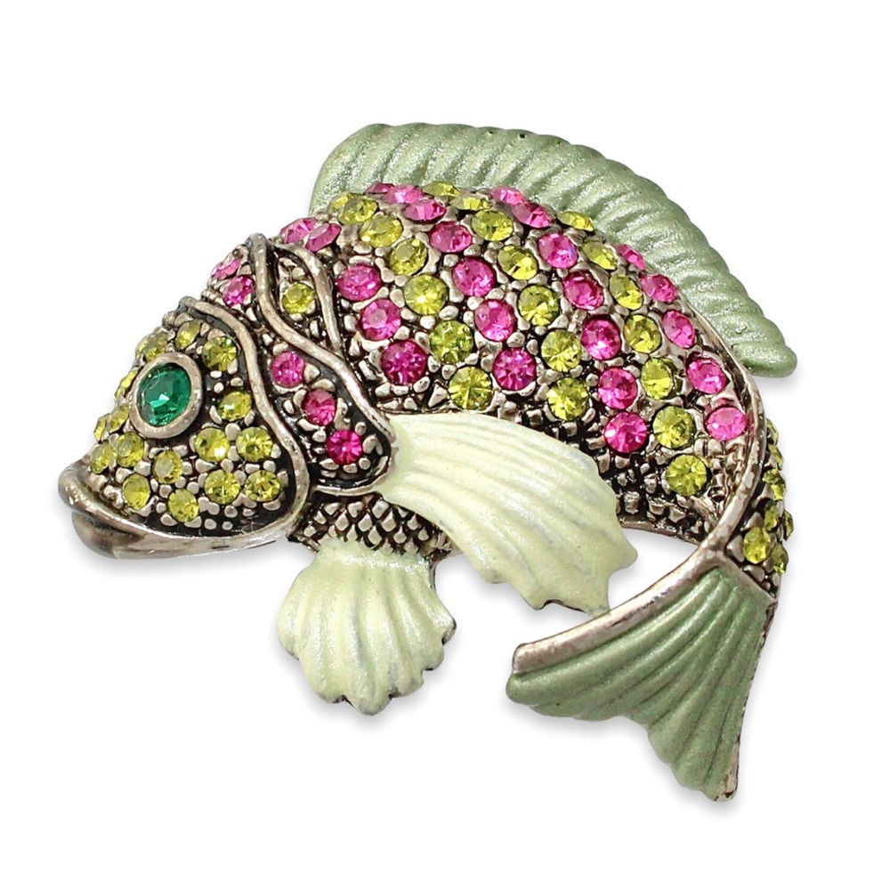 Estate Koi Fish Brooch Pink & Green Rhinestone Enamel Silver Tone Carp Pin